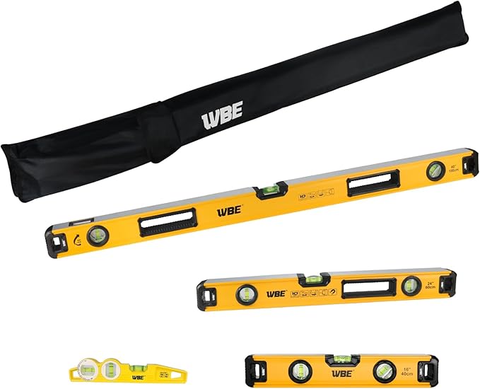 WBE 4-Piece Heavy Duty Torpedo Level Set, 12", 20", 40" Spirit Level with Magnetic, Shock-Proof Aluminum Alloy Levels with Carrying Bag, Bubble Vials Ruler for 45°/90°/180° Degree(4 PACK)
