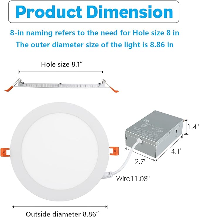 8 Inch LED Recessed Light with Junction Box.6Pack Ultra Thin LED Recessed Lights 3CCT 3000K/4000K/6000K Selectable Dimmable,18W 8" Ceiling Canless Light Downlight, Can Killer Lighting CR80+