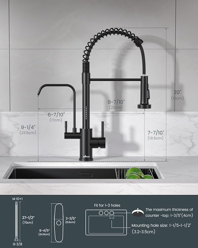 APPASO Black Kitchen Faucet with Drinking Water Faucet, 3 in 1 Pull Down Faucet with Purfied Water Faucet, Single-Handle High Arc Kitchen Water Filter Faucet, Matte Black (Without Filtration Device)