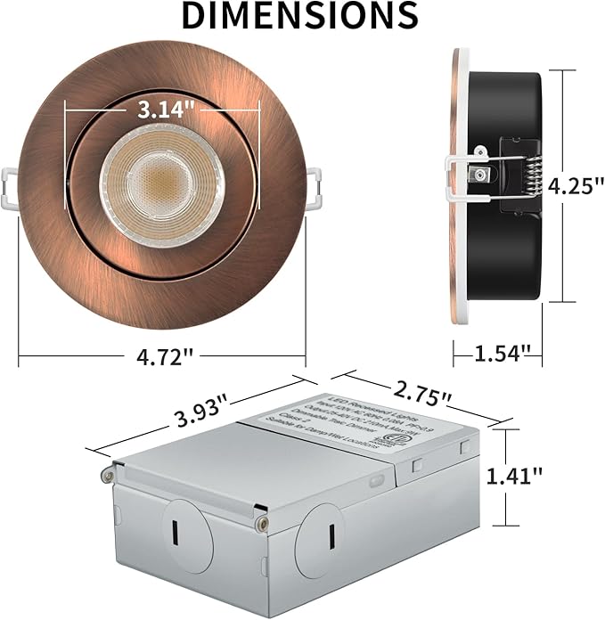 Bronze 4 Inch Led Recessed Lights 6 Pack, Eyeball Gimbal Soffit Lights with Junction Box,5CCT Selectable,9W 750LM