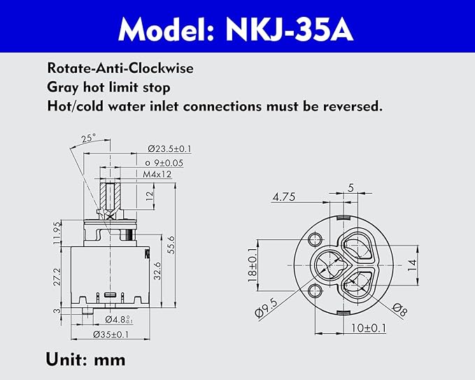Kerox NKJ35 Single Lever Faucet Cartridge (1 Pack), 35mm Replacement Ceramic Mixing Energy-Saving Cartridge, Right Rotation, Repair Kit for Kerox Single Lever Faucet -Blue