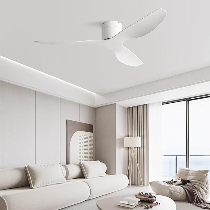 52-Inch White Ceiling Fan Without Light, Modern Low-Profile Flush Mount Fan with Remote, 6-Speed Reversible Quiet DC Motor,for Balcony, Living Room, Bedroom (No Light)