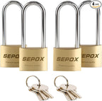 SEPOX® 4-Pcs Pack Heavy-Duty Solid Brass Padlocks 40mm 1-9/16" Width, 2-5/8" Extra Long Shackle, with Same Keys 6Pcs, Weather Proof Outdoor Lock & Key, Keyed Alike for Gates, Shed, Fence, Gym Locker
