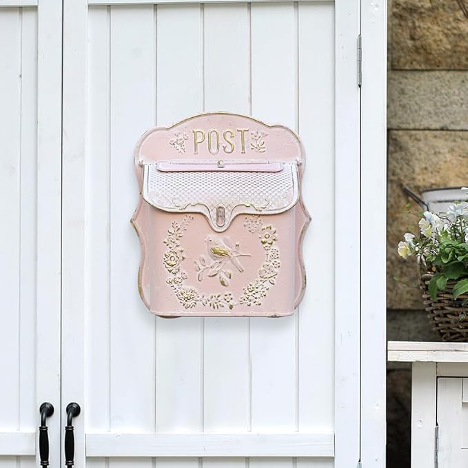 Mailbox Wall Mount Mailboxes for Outside Vintage Mail Boxes for House Outside Metal Drop Box Antique Style Nostalgic Charm Home Decorative, Bird Pattern, Pink