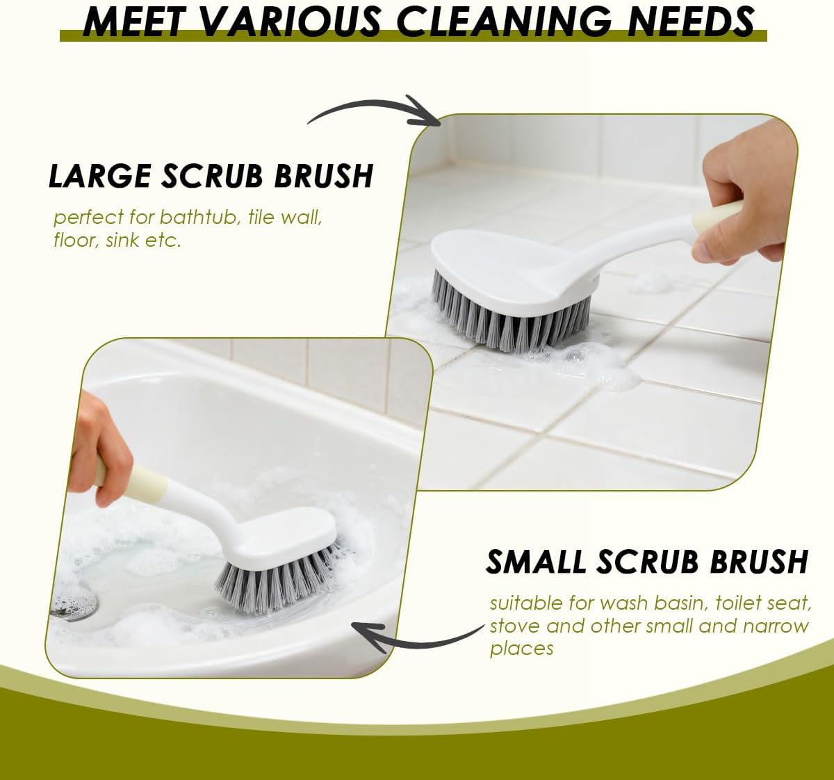 Heavy Duty Scrub Brush with Long Handle, Grout Cleaner Brush, Stiff Bristles Scrub Brushes for Cleaning Bathtub, Bathroom, Shower, Tile, Carpet, Kitchen, Sink (Green)