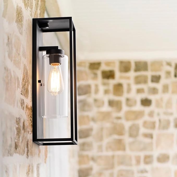 mirrea 18" Dusk to Dawn Outdoor Wall Sconce 1 Light in Cylinder Glass Shade and Matte Black Rectangular Metal Frame Waterproof Porch Light Patio Light Pack of 2