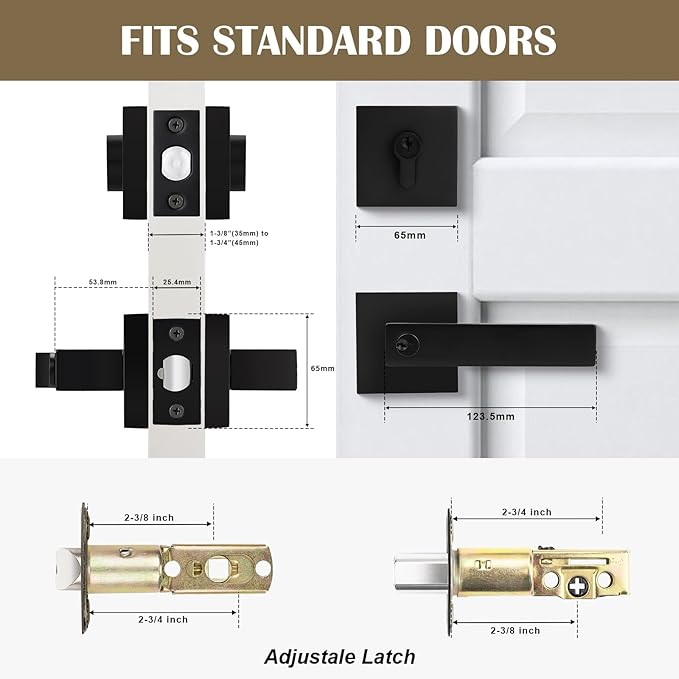 1 Pack Keyed Entry Door Lever and Double Cylinder Deadbolt Set, Keyed Alike Reversible Lockset, Matte Black Square Interior/Exterior Handleset for Bedroom, Front Door