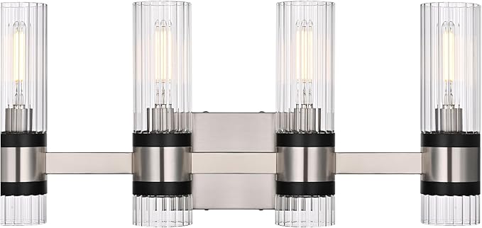 MELUCEE Bathroom Light Fixtures Over Mirror 4 Lights Brushed Nickel Vanity Lights with Ribbed Clear Glass Shade Farmhouse Wall Mount Lamp for Bath Kitchen Bedroom Hallway, E12 Base