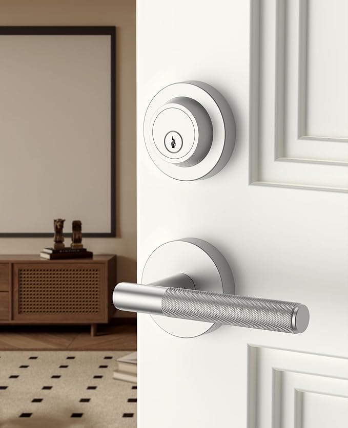 Asidrama Premium Satin Nickel Zinc-Alloy Front Door Lock Set: Double Cylinder Deadbolt, Heavy Duty Security Handleset for Left/Right Exterior Doors, Universal Entry Locks (2 Pack)