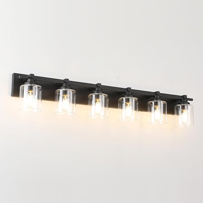 6 Light Modern Bathroom Light Fixtures Over Mirror, Black Vanity Lights for Bathroom Wall Sconces with Clear Glass Shades, E26 Socket (Bulbs Not Included)