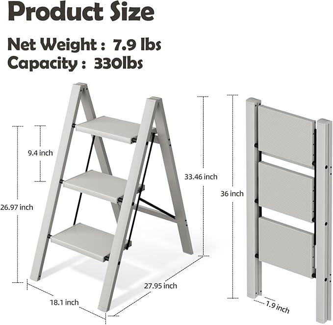 Taranta 3 Step Ladder,Aluminum Lightweight Folding 3 Step Stool with Anti-Slip Wide Pedal,330lbs Capacity Step Ladder for Household,Kitchen,Office - Misty Gray