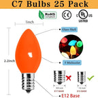 Couah Christmas Light Bulbs C7 Multi-Color Replacement Bulbs（25 Pack） C7 Ceramic Outdoor String Light Replacement Bulbs, C7/E12 Candelabra Base, 5 Watt