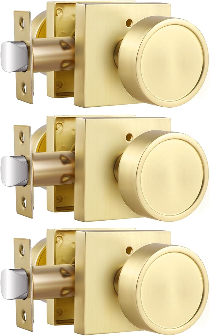 Haidms Gold Door Knobs Interior, Zinc-Alloy Heavy Duty Round Brushed Gold Privacy Door Knobs for Bedroom Modern Bathroom Interior Door Lock Bulk(3 Pack)