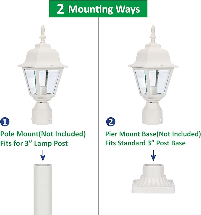 LIT-PaTH Outdoor Post Lighting Fixture Pole Lantern, E26 Medium Base Max 60W, Aluminum Housing Plus Clear Glass, Bulb Not Included, Matte White Finish, 1-Pack