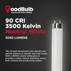 GoodBulb F32T8/835/ECO 32W 48 Inch T8 Fluorescent Light Bulb, 3500K Soft White Medium Bi-Pin Base, 3050 Lumens 86 CRI 24000 Life Hours, Instant/Programmed Start (25 Pack)
