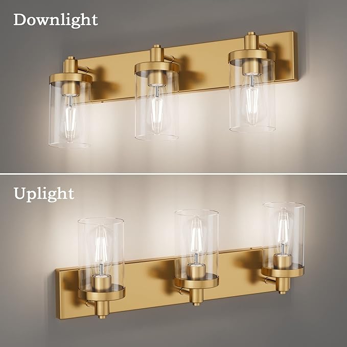 Aipsun Gold Vanity Light 3 Lights Bathroom Vanity Lighting Fixtures Over Mirror Bathroom Wall Light with Clear Glass Shade(Exclude Bulb)