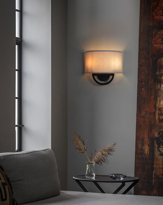Yosoan 2-Light Linen Fabric Cloth Boho Wall Sconce Hallway Fixture Light, Dual Indoor Hardwired Vanity Vintage Wall Mount Lighting Semicircle Fabric Lamp Shade for Bedroom Stairwell Study Gallery