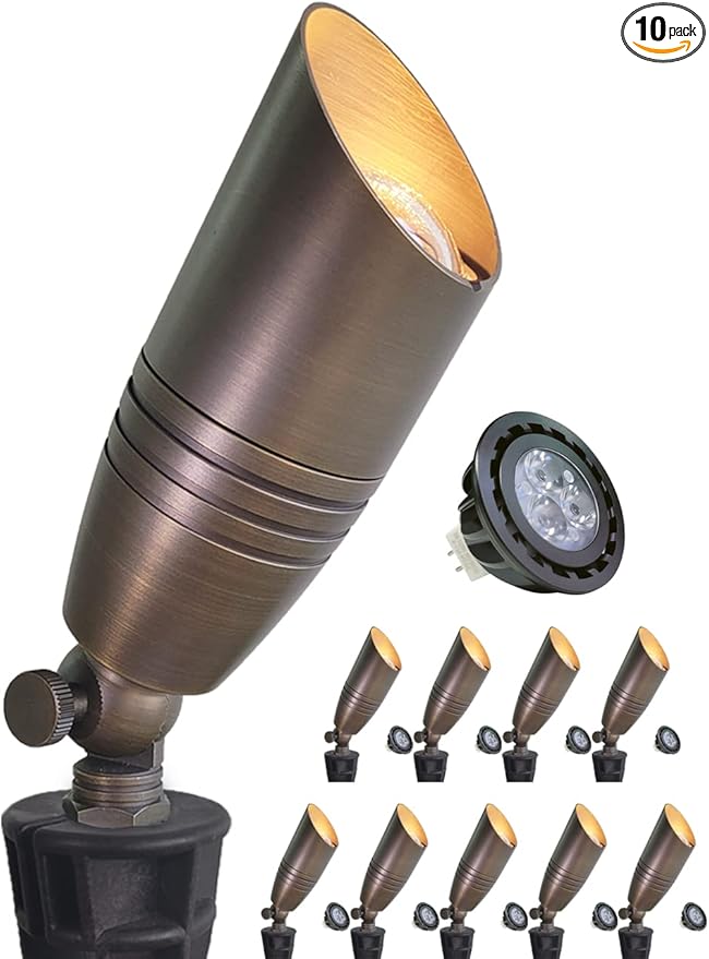 MALORY Brass Landscape Spotlights 10-Pack with Bulb Kit(S02), Low Voltage 12V AC/DC LED Outdoor Spot Uplights for House and Tree,PVC Ground Stake and Wire Connector Included, 5W 2700K Warm White