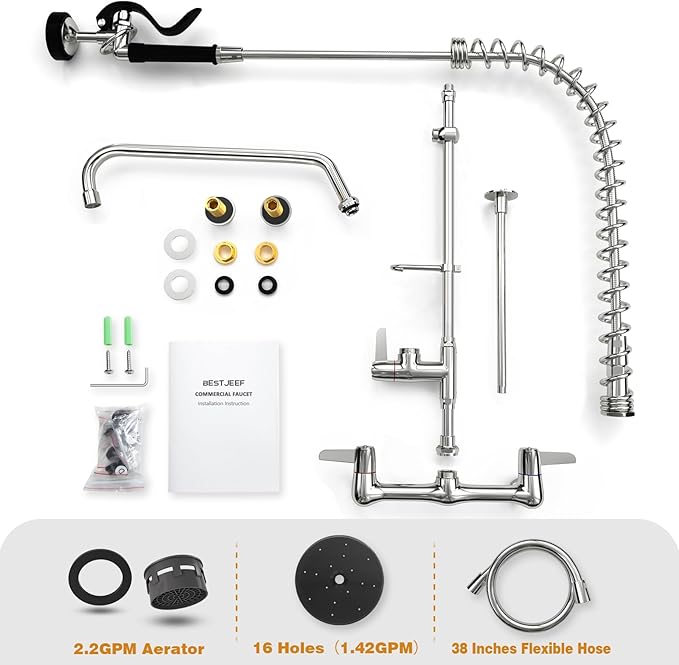 Commercial Faucet with Sprayer,BESTJEEF Commercial Wall Mount Kitchen Sink Faucet with Pre Rinse Sprayer for Kitchen Cook - 47" Height Faucet with 8" Center and 12" Add-On Spout