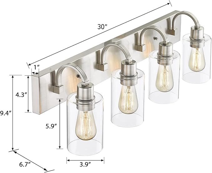 Emliviar 4-Light Vanity Light Fixture - Modern Bathroom Lighting Fixture, Brushed Nickel Finish with Clear Glass, YCE237B-4W BN