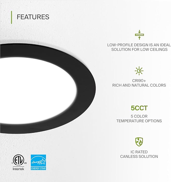 ASD 6 Pack LED Recessed Lighting 6 Inch 12W, 5 CCT 2700K-5000K CRI90+, IC Rated Ultra Thin Dimmable Ceiling Lights with J Box, Canless Wafer Downlight, Round Slim Panel Light, Energy Star ETL, Black