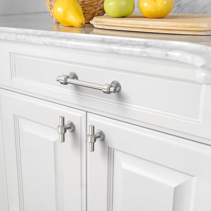 Amerdeco 10 Pack Brushed Satin Nickel Cabinet Pulls 3.75 Inch(96mm) Hole Center Drawer Pulls Cabinet Hardware Kitchen Cabinet Handles for Bathroom Dresser Pulls ZH0069