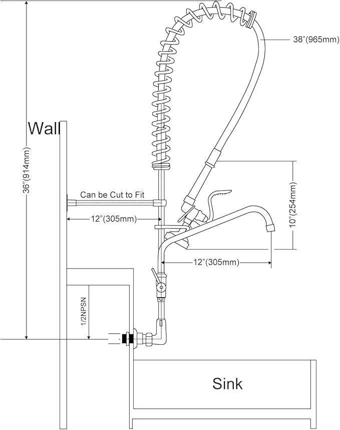 Commercial Faucet with Sprayer for Kitchen Cook : Akwadu Wall Mount Commercial Kitchen Faucet with Pull-Down Pre Rinse Sprayer 8" Center with 12" Add-On Spout - 36" Height Sink Faucets for Staff Chef