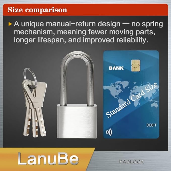 Lanube 304 Stainless Steel keyed Alike Marine Small Padlocks for Outdoor use, 1-9/16 inch Wide Body, Stainless Steel Body Long Shackle, Pack of 2