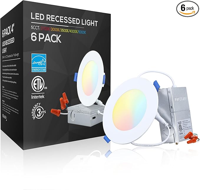 TORCHSTAR 5CCT 4 Inch Slim LED Recessed Lighting with Junction Box, Dimmable 10W Ultra-Thin Recessed Light, 2700K3000K3500K4000K5000K Selectable, 700LM LED Downlight, ETL & Energy Star, Pack of 6