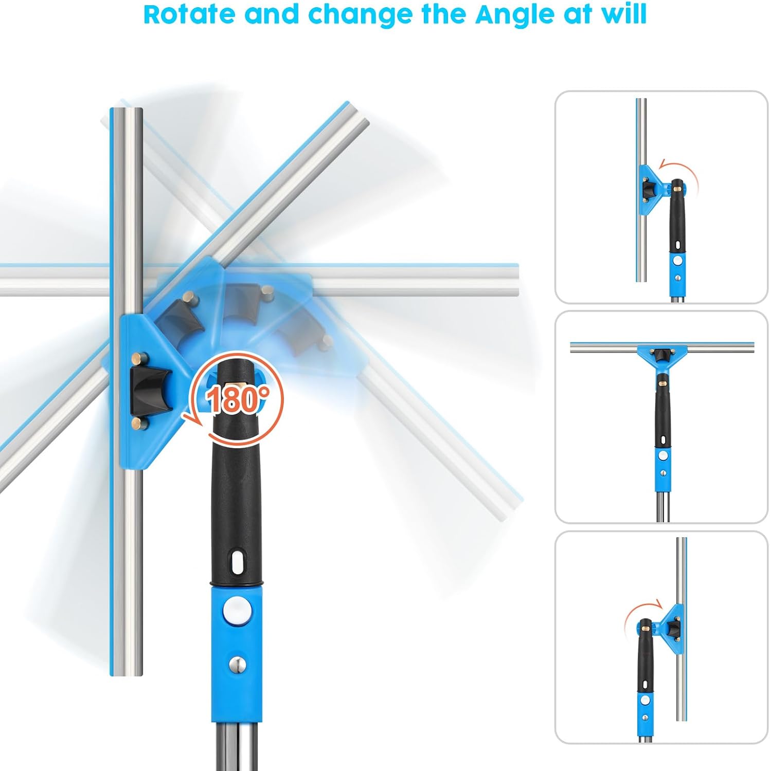 Window Squeegee，5 in 1 Bendable Head Window Squeegee for Home，61''Extension Poles，Bendable Head car Window Cleaner Tool，Squeegee for Shower Glass（Blue）