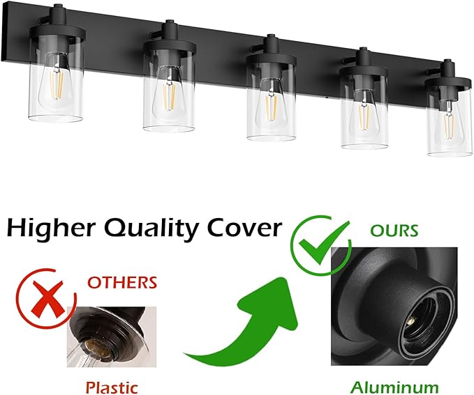 Aipsun Matte Black Bathroom Vanity Light Fixtures 5 Lights Industrial Lighting Fixtures Over Mirror with Clear Glass Shade(Exclude Bulb)