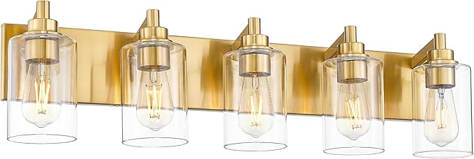 5-Light Bathroom Light Fixtures, 30 Inch Brushed Gold Vanity Light with Cylinder Clear Glass Shade, Modern Vanity Lighting Fixtures Over Mirror, VL143-BG-5
