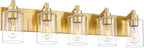 5-Light Bathroom Light Fixtures, 30 Inch Brushed Gold Vanity Light with Cylinder Clear Glass Shade, Modern Vanity Lighting Fixtures Over Mirror, VL143-BG-5