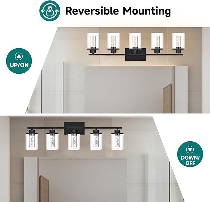 5-Light Black Bathroom Vanity Lights,Modern Wall Lamps for Bedroom,Dimmable Led Vanity Lighting for Bathroom Mirror,5CCT LED Wall Sconces Light Fixtures with Clear Glass Shade