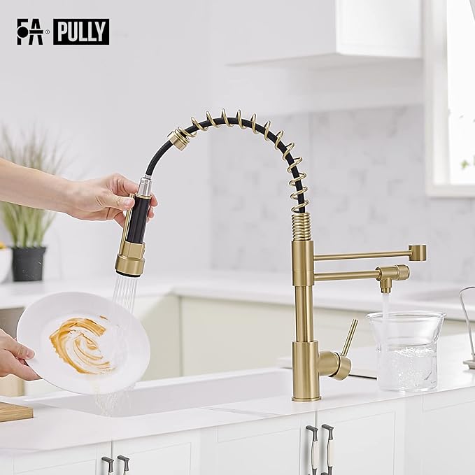 Brushed Gold Kitchen Faucet with Pull Down Sprayer, Single Handle Commercial Brass Kitchen Sink Faucets with 3 Way Drinking Kitchen Faucet, for Water Filtration System or Pot Filler Faucet in Gold