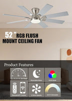52 inch Ceiling Fan with Light, 6 Speeds Reversible Low Profile Ceiling Fan with Light and Remote/APP Control, 3 Color Temp+Dimmable RGB, 8 Blades, Flush Mount Quiet Ceiling Fans, Nickel