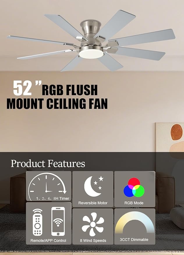 52 inch Ceiling Fan with Light, 6 Speeds Reversible Low Profile Ceiling Fan with Light and Remote/APP Control, 3 Color Temp+Dimmable RGB, 8 Blades, Flush Mount Quiet Ceiling Fans, Nickel