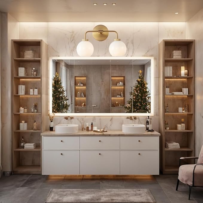 Minimalist Aged Brass Metal Finish Glass Globe Double Wall Sconce, 17 Inch Hand-Polished Vanity Light with Milky Glass Shade Over Mirror, Wall Light for Hallway, Bathroom (Milk Glass-Brass)