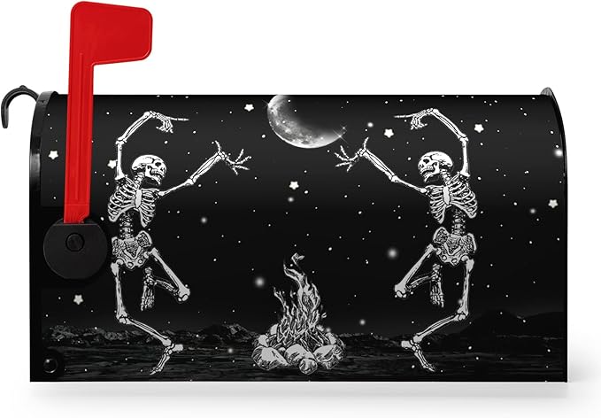 Halloween Skull Mailbox Cover Oversized Dancing Human Skeleton Mailbox Covers Magnetic Large Size 25.5x21 Inch Moon Black Post Letter Box Wraps for Garden Outdoor Decorations