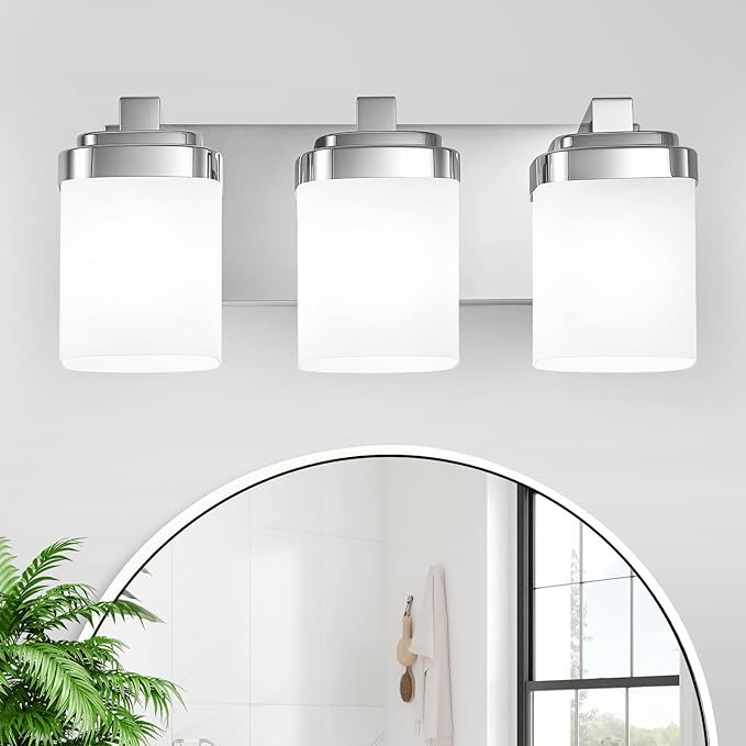 3-Light Chrome Bathroom Light Fixtures, Vanity Lights for Bathroom Mirror Lamp with Milky White Square Glass Shade, E26 Base Modern Wall Sconce Kitchen Light Fixtures Led Vanity