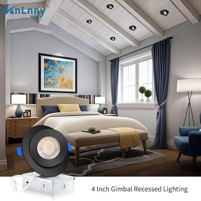 Black Gimbal Recessed Lighting 4 Inch 6 Pack, Ajustable Eyeball recessed Light with Junction Box,5 Color Selectable,Airtight,9W 750LM,Dimmable,Black