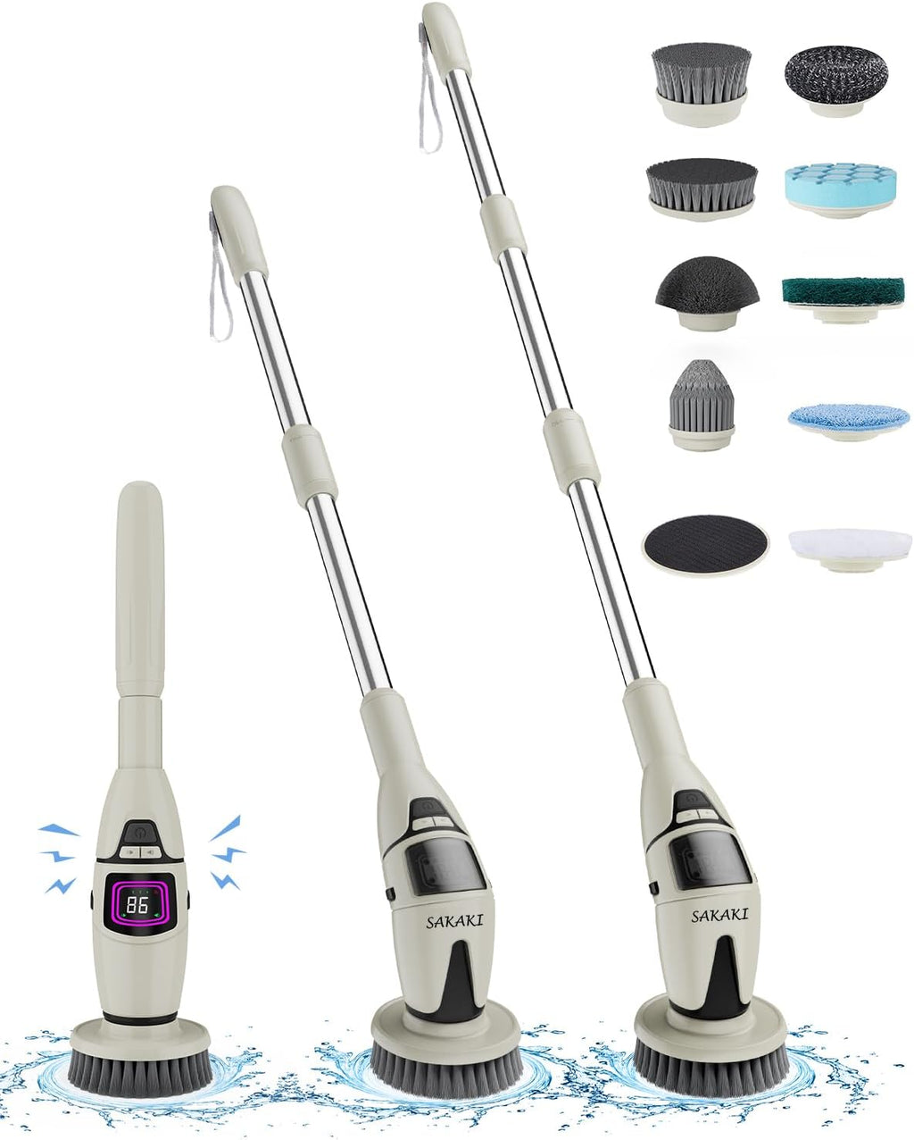 Electric Spin Scrubber Cordless Shower Cleaning Brush with 10 Replaceable Heads Powerful IPX7 Waterproof Bathroom Cleaner 3 Speeds Detachable Long Handle Voice Broadcast for Floor Car Kitchen