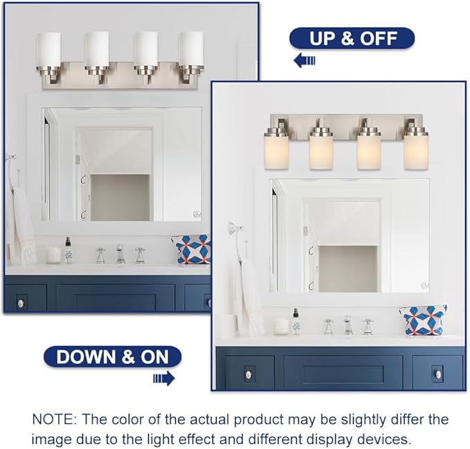 TODOLUZ Bathroom Vanity Light Fixture Over Mirror with Brushed Nickel, Modern 4-Lights Wall Sconces Lighting for Bedroom Living Room Opal White Glass Shades