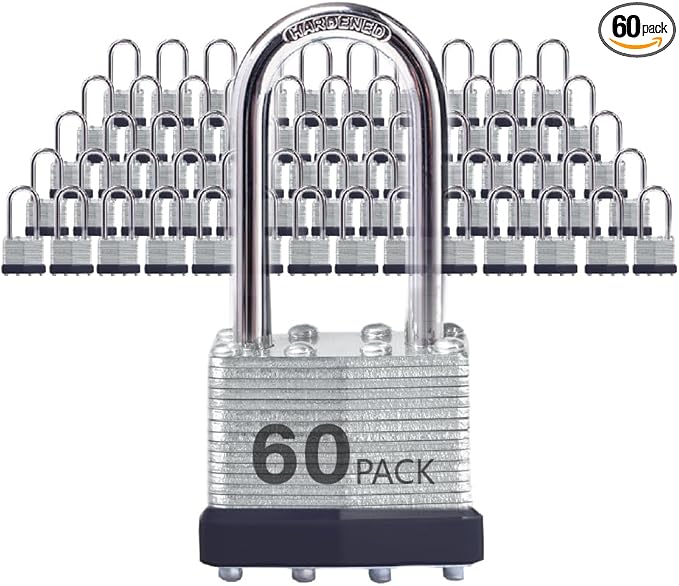 Lock Outdoor Padlocks, Key Lock, Padlocks with Same Key - Laminated Steel Keyed Padlocks with Long Shackle, 60 Pack, for Hasp Latch, Sheds, Fences, Storage Locker, School, Gym