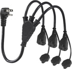 KUNCAN Outdoor 3-Outlet Power Splitter, 90-Degree Flat Plug 1 to 3 Way Outlet Adapter 1.5FT SJTW 16AWG 3-Prong Power Cord Extension Strip with Outlet Cover for Holiday Decoration String Light(1-Pack)