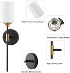 Industrial Mid Century Wall Sconce Set of 2 with White Cylinder Glass Shades Modern Bathroom Vanity Wall Lamp Black and Gold Finished Wall Light Fixture