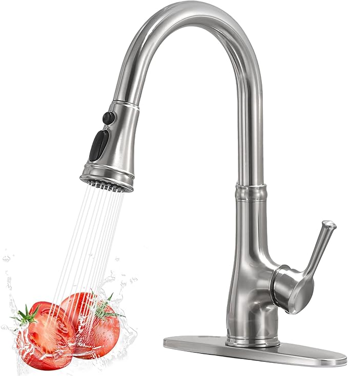 WEWE Vintage Kitchen Faucet with Pull Down Sprayer, Stainless Steel 1 or 3 Hole High Arc Single Handle Antique Sink Faucet for Classic Modern Ktichen, Brushed Nickel