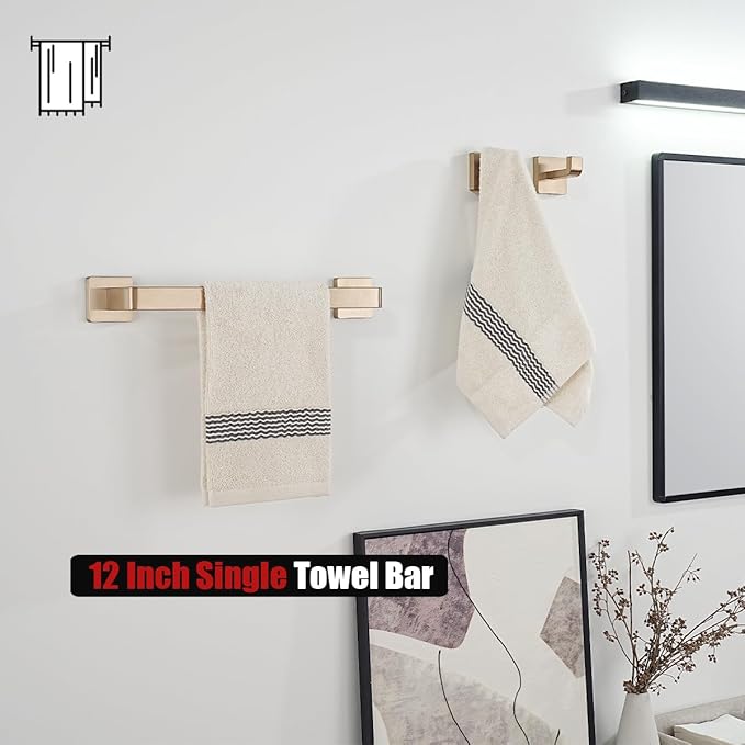 JQK Champagne Bronze Towel Bar, 12 Inch 304 Stainless Steel Thicken 0.8mm Towel Rack Bathroom, Towel Holder Wall Mount, Total Length 14.41 Inch, TB250L12-CB