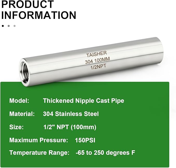 TAISHER 2PCS Stainless Steel Pipe Fittings, 1/2" NPT Female x 1/2" NPT Female Threaded, 4" Length Thickened Nipple Cast Pipe