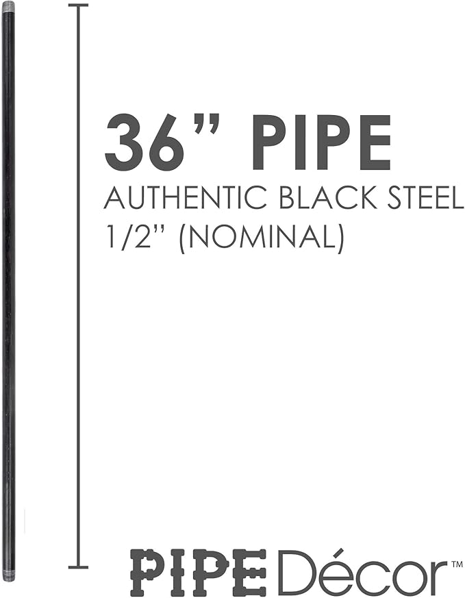 PIPE DÉCOR 1/2” x 36” Malleable Cast Iron Pipe Nipple, Pre Cut Connectors, Industrial Steel Grey Fits Standard Half Inch Black Threaded Pipes Nipples and Fittings, Build Vintage DIY Furniture, 4 Pack
